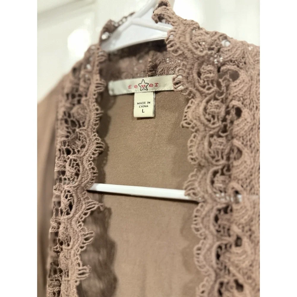 Fever Womens Mocha Brown Crochet Lace‎ Trim Open Front Cardigan 3/4 Sleeve Large